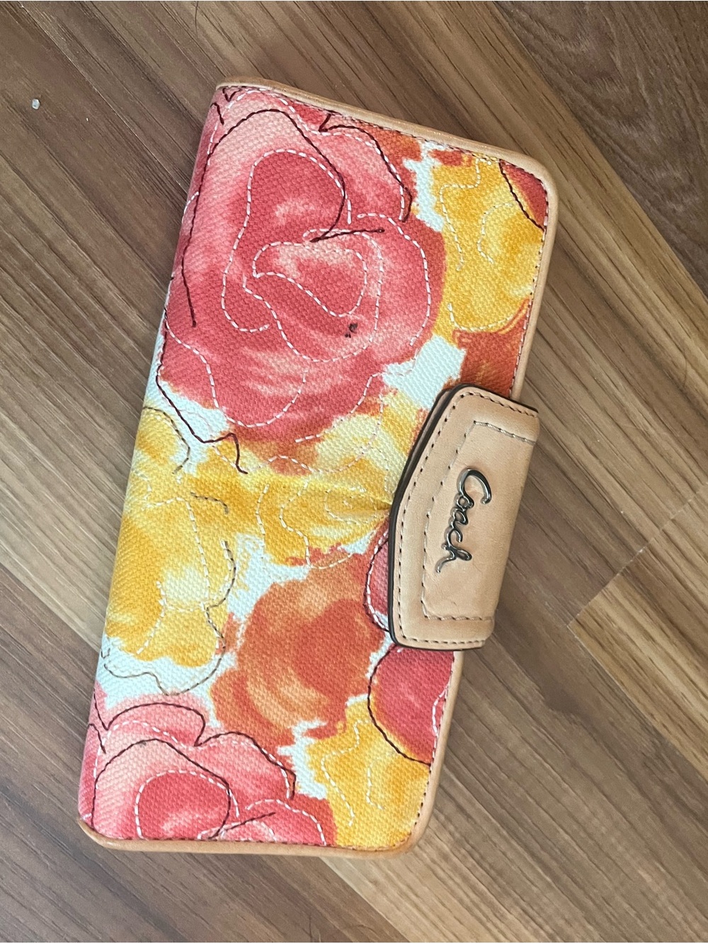Coach Floral Canvas Wallet in Pink, Yellow & Tan